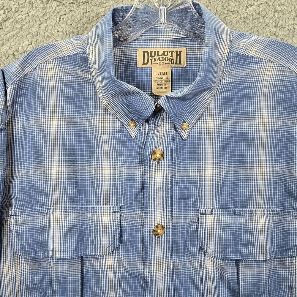 Duluth Trading Co Men's Blue Plaid Long Sleeve Button Up Roll Tab Size L Tall - Picture 2 of 10